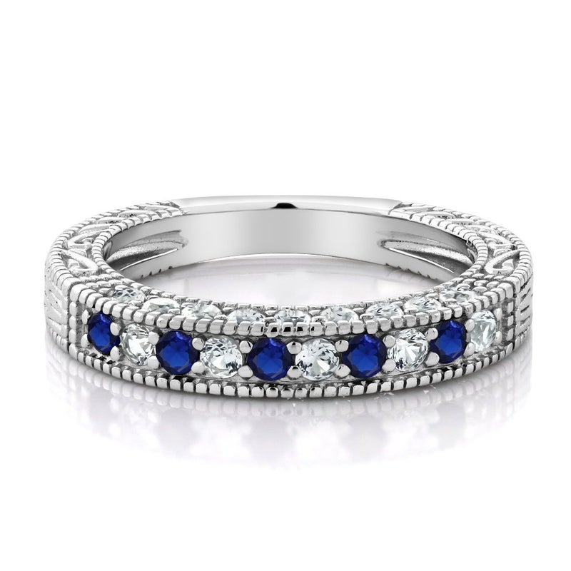 Gem Stone King Blue and White Created Sapphire Wedding Band Ring For Women | 925 Sterling Silver | 1.00 Cttw | Wedding Anniversary Promise Ring For Women | Size 7 - Image 3